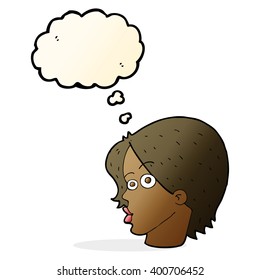 cartoon female face with thought bubble