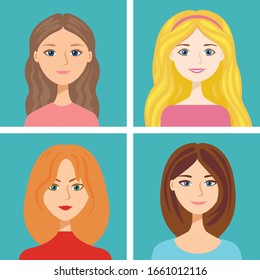 Cartoon female faces set isolated on blue background. Vector illustration of girls with different hair colors in flat style. Woman Blonde, brunette, brown-haired and red-haired. Cute avatars.