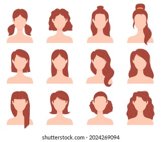 Cartoon female fashion hairstyle for short, long and curly hair. Woman head with haircuts, ponytail and bun. Flat girl hairstyles vector set. Illustration of female haircut portrait, cartoon hairstyle