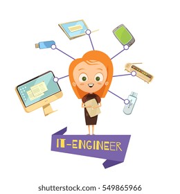Cartoon female figurine of it engineer and data exchange tools icons set as visual information for kids vector illustration 