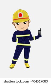 Cartoon Female Firefighter Showing a Mobile â?? Contact Us Concept