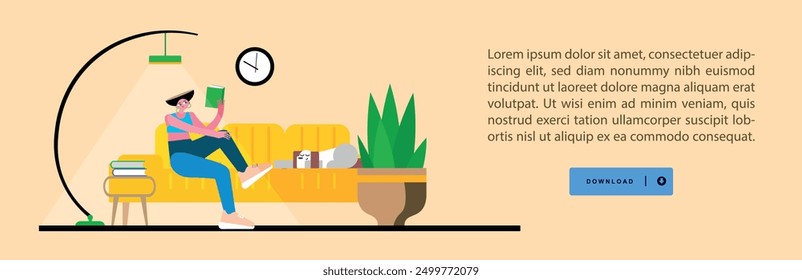 Cartoon female flat character sitting on the sofa and reading a book. Banner template. Landing page. Flat design