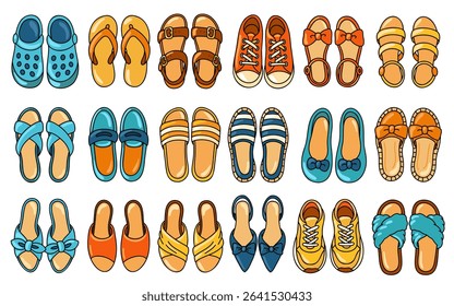 Cartoon female footwear set, top view. Colorful women pair of shoes, different types. Vector isolated illustration 