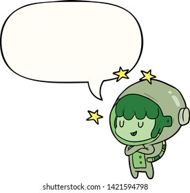 cartoon female future astronaut in space suit with speech bubble