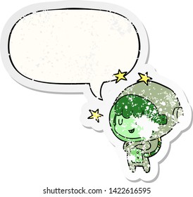 cartoon female future astronaut in space suit with speech bubble distressed distressed old sticker