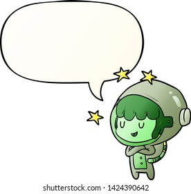cartoon female future astronaut in space suit with speech bubble in smooth gradient style