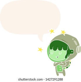 cartoon female future astronaut in space suit with speech bubble in retro style