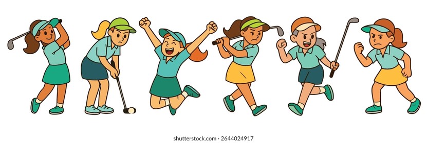 Conjunto de Personagens de Golfista Feminino Cartoon - Sporty Girls Jogando Golfe em Poses Divertidas