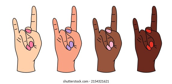 Cartoon female hands gesturing rock-metal sign. Diversity people multiethnic race. Raised hand peace sign. Vector illustration.