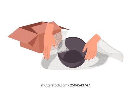 Cartoon female hands packing ceramic bowl into bubble wrapping film isolated on white background