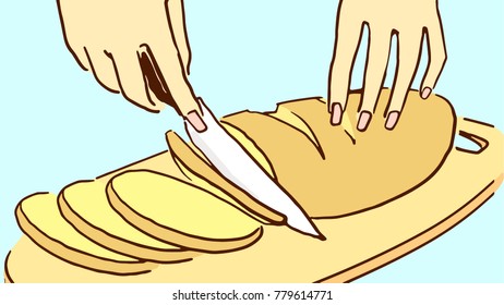 Cartoon female hands slicing a loaf on a cutting board. Full color vector sketch isolated at blue.