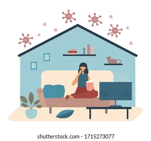 Cartoon Female Having Popcorn And Watching TV While Sitting On Sofa In Living Room Protected From Pathogen Of Coronavirus Flying Outside House