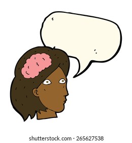 cartoon female head with brain symbol with speech bubble