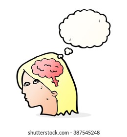 cartoon female head with brain symbol with thought bubble