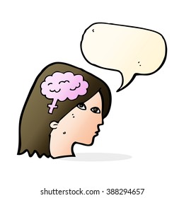 cartoon female head with brain symbol with speech bubble