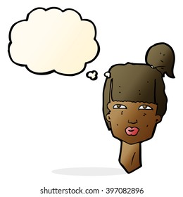 caricatura de cabeza femenina con burbuja de pensamiento