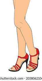 Caricatura de piernas femeninas con sandalias rojas de verano, estilo retro de arte pop