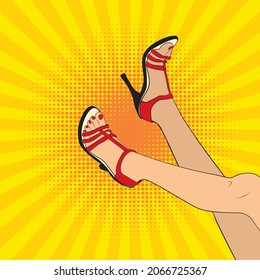 Cartoon female legs in red summer sandals, retro pop art style