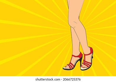 Cartoon female legs in red summer sandals, retro pop art style