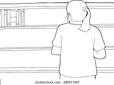 Cartoon of female looking at a few books on shelf