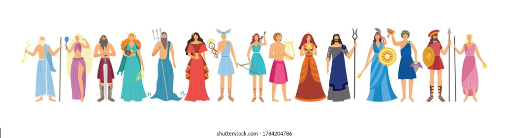 Cartoon female and male characters of Greek Olympian pantheon goddess and gods of classical Greek Mythology, flat vector illustration isolated on white background.