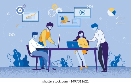 Cartoon Female and Male Coworkers, Business Partners Characters Meeting at Office. Self Education Process. People Sitting at Laptop and Computer Monitor and Watching Tutorial. Vector Flat Illustration