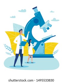 Cartoon Female and Male Doctor Characters with Clipboard Stand near Huge Microscope. Science Research Center, Smart Medical Laboratory, Diagnostic Service. Medicine and Healthcare. Vector Illustration