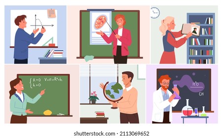 Cartoon female and male teacher or professor teaching math, chemistry, biology or literature near class board. Education concept. School lesson with teacher in classroom set vector illustration