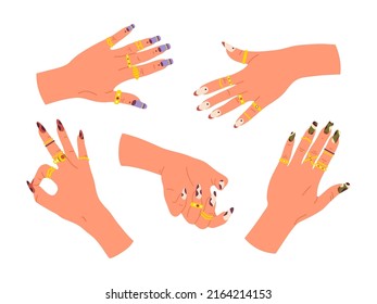 Cartoon female manicured hands, manicure salon nail care routine. Woman hands with cute nail design and golden rings vector background illustration. Fingernails manicure concept