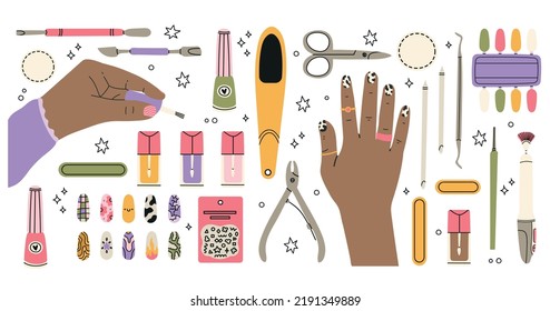 Cartoon female manicured hands, manicure salon nail care routine. Women's hands and various manicure supplies, equipment, tools. Nail scissors, nail file, tweezers, nail polish, hand cream, brush.