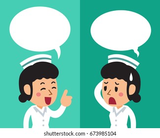 Cartoon a female nurse expressing different emotions with speech bubbles
