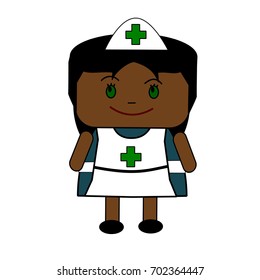 Cartoon female nurse in traditional uniform with blue dress, white apron and nurse's cap.