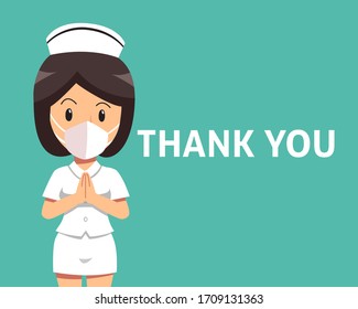 Cartoon female nurse wearing protective mask with thank you word for design.