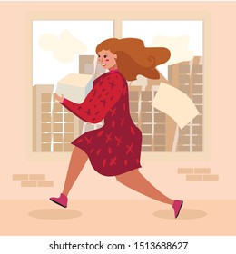 Cartoon Female Office Worker Character Hurrying up with Paper Documents Stack. Workaholic Woman Running Down Hall. Burning Deadline and Stress Work Situation. Time Management. Vector Flat Illustration