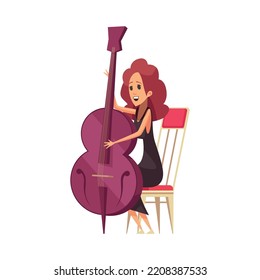 Cartoon female orchestra musician playing double bass vector illustration