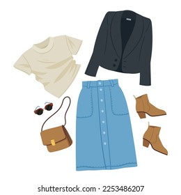 Cartoon female outfit. Casual clothing, jacket, skirt, t shirt, shoes and pouch, fashion clothing look flat vector illustration on white background