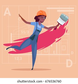 Cartoon Female Painter Hold Paint Brush African American Decorator Builder Wearing Uniform And Helmet Flat Vector Illustration