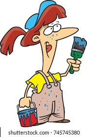 cartoon female painter in overalls holding a brush and bucket