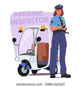 Cartoon Female Parking Inspector Character Writing A Ticket While Standing Next To A Small Security Scooter. Vector Image Depicts The Concept Of Law Enforcement, Parking Regulations, And City Duty