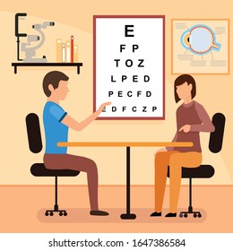 Cartoon Female Patient with Man Oculist Consultation. Cartoon People at Ophthalmologist Office Vector Illustration. Vision Test Table on Wall. Hospital Eyesight Check, Eye Healthcare