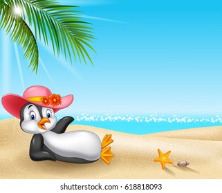 Cartoon female penguin relaxing on the beach