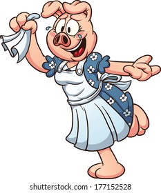 Cartoon female pig waving goodbye. Vector 