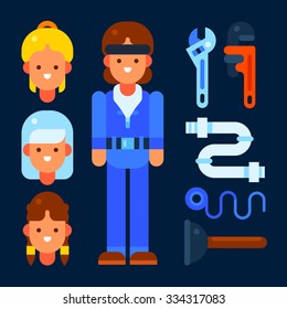 Cartoon female plumber and tools for repair. Vector flat illustration. Isolated objects.