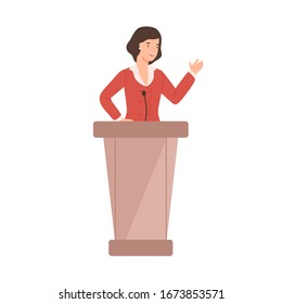 Cartoon female politician perform in front of audience vector flat illustration. Smiling woman government worker talking speech taking part in debates isolated on white. Political candidate