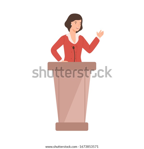 Cartoon female politician perform in front of\
audience vector flat illustration. Smiling woman government worker\
talking speech taking part in debates isolated on white. Political\
candidate