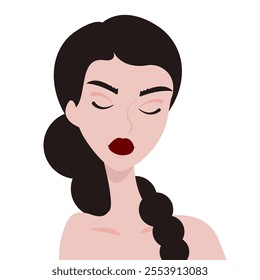 cartoon female portrait, black hair striking eyebrow woman with red lips, female character with eyes closed, illustration in flat style, vector