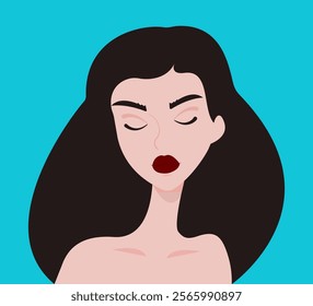 cartoon female portrait, black hair striking eyebrow woman with red lips, female character with eyes closed, illustration in flat style, vector