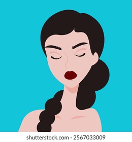 cartoon female portrait, black hair striking eyebrow woman with red lips, female character with eyes closed, illustration in flat style, vector