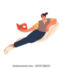 Cartoon female reading book or vector woman read literature. Clipart of female study or girl studying. Leisure and home relaxation, hobby. Studying text or learning. People and knowledge theme