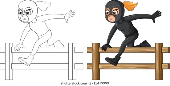 Ladrón femenino de la historieta en pose dinámica que salta sobre la cerca de madera, colores atrevidos, estilo del Vector